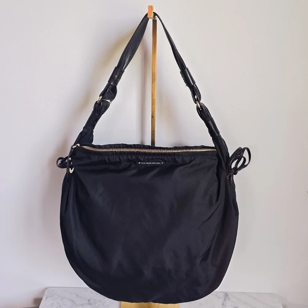 Kate Spade New York, Black Nylon Leather Strap Shoulder Hobo Bag Handbag Purse